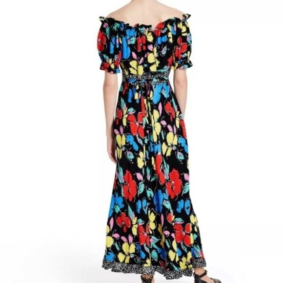 Rixo Black Colorful Floral Off-Shoulder Maxi Dress Ruffle Puff Sleeve Size 6 NWT - Picture 2 of 14